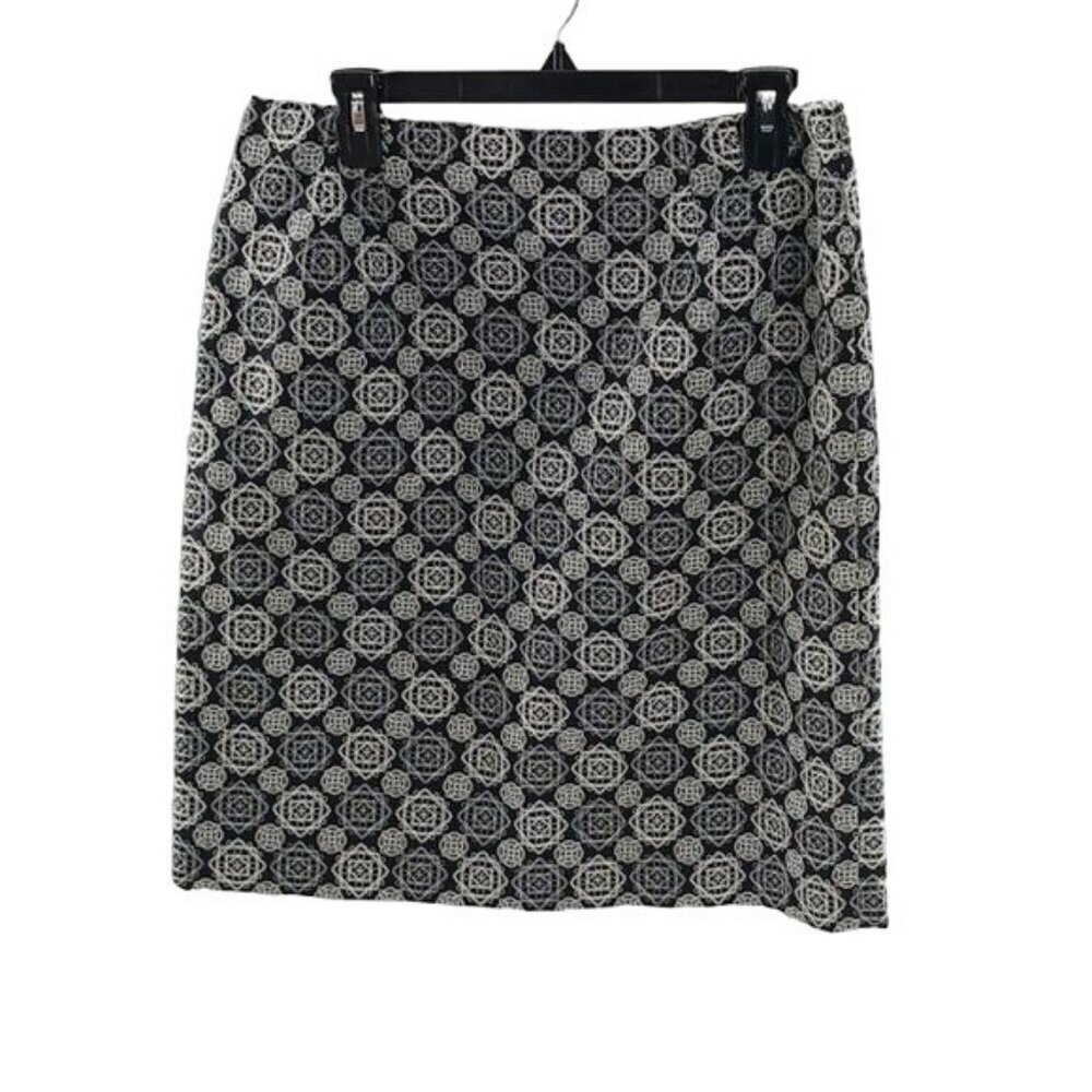 Talbots Skirt Black White Geometric Embroidered Straight Womens Size 12 Petite